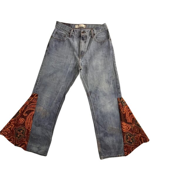 Vintage Levis 569 Jeans Mens 31x32 Blue Paisley Flare Patchwork Bell Bottom 90s - Picture 1 of 16